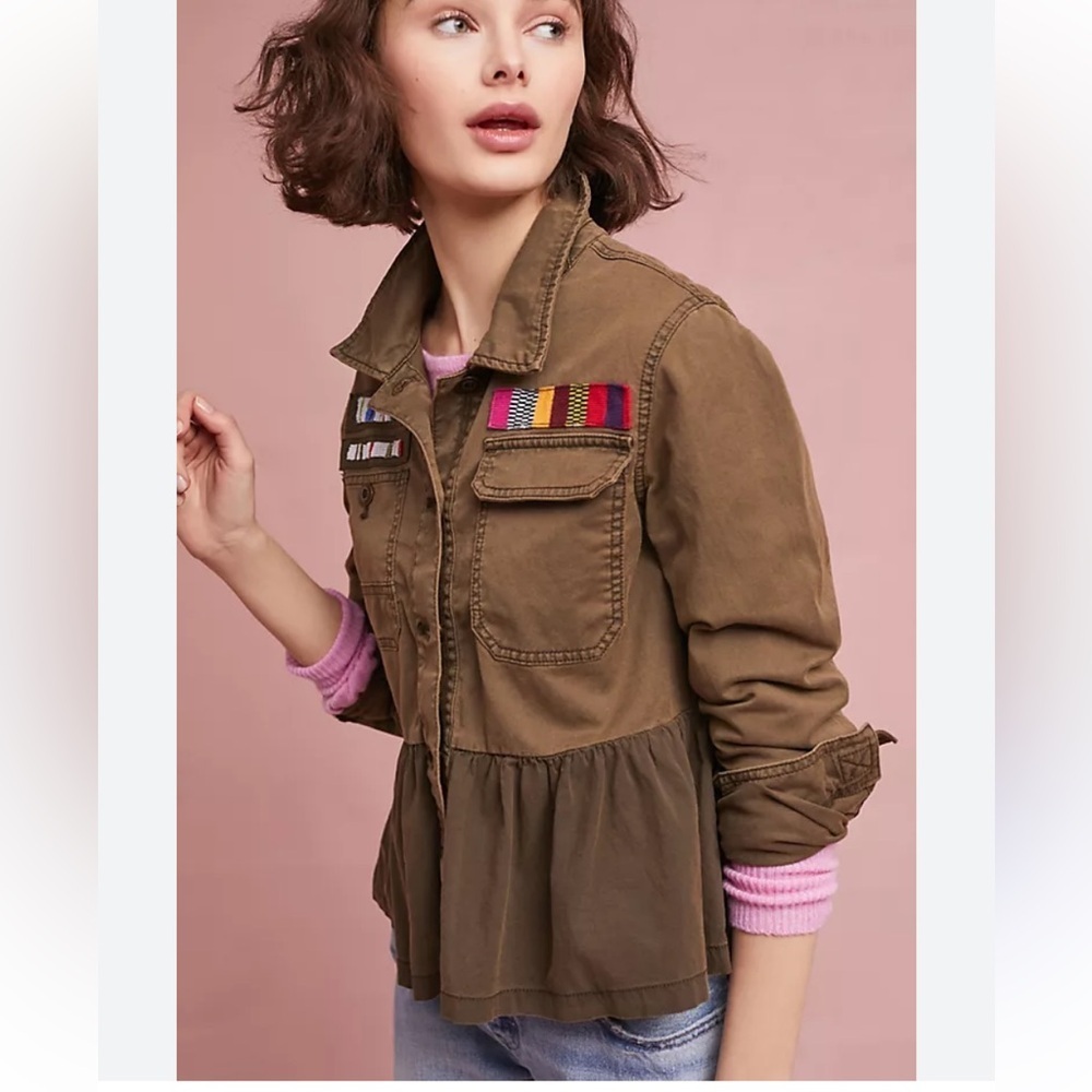 Anthropologie Military Style Olive Jacket with Peplum Hem, Beaded, Cotton/Linen - Picture 1 of 15